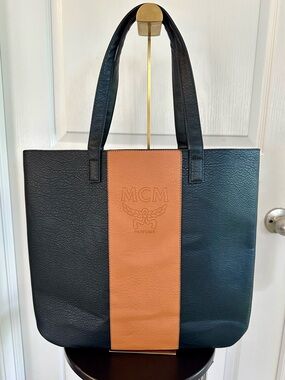 MCM Parfums Embossed Faux Leather Tote Bag – Black & Cognac – NWOT – Large